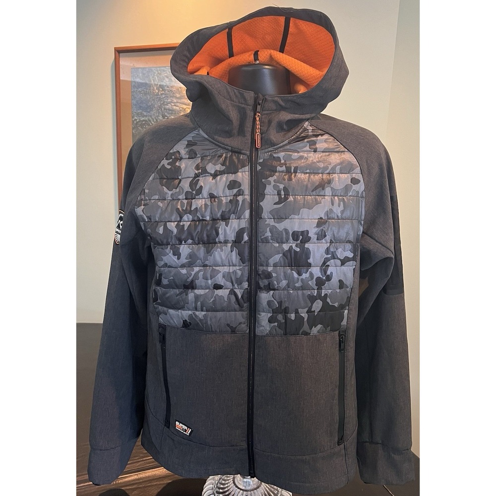 Superdry Hybrid Jacket Mens L Mountain Supply Gray Camo Hooded Full Zip Ski